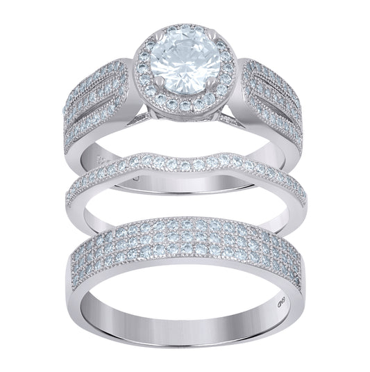 Sterling Silver Cubic Zirconia Halo Trio Bridal Anniversary Wedding Engagement Band Ring Set