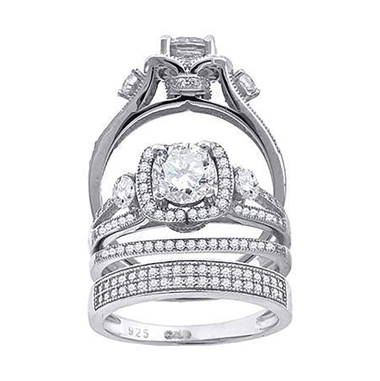 Sterling Silver Cubic Zirconia Trio Bridal Anniversary Wedding Engagement Band Ring Set
