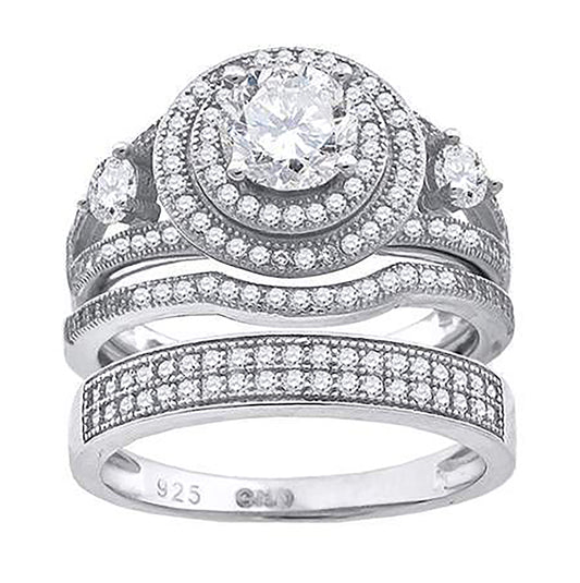 Sterling Silver Cubic Zirconia Trio Bridal Anniversary Wedding Engagement Band Ring Set