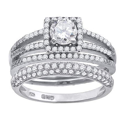 Sterling Silver Cubic Zirconia Trio Bridal Anniversary Wedding Engagement Band Ring Set