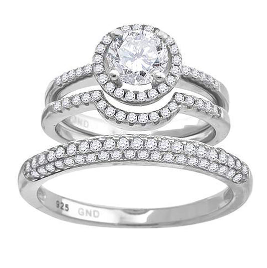Sterling Silver Cubic Zirconia Halo Trio Bridal Anniversary Wedding Engagement Band Ring Set