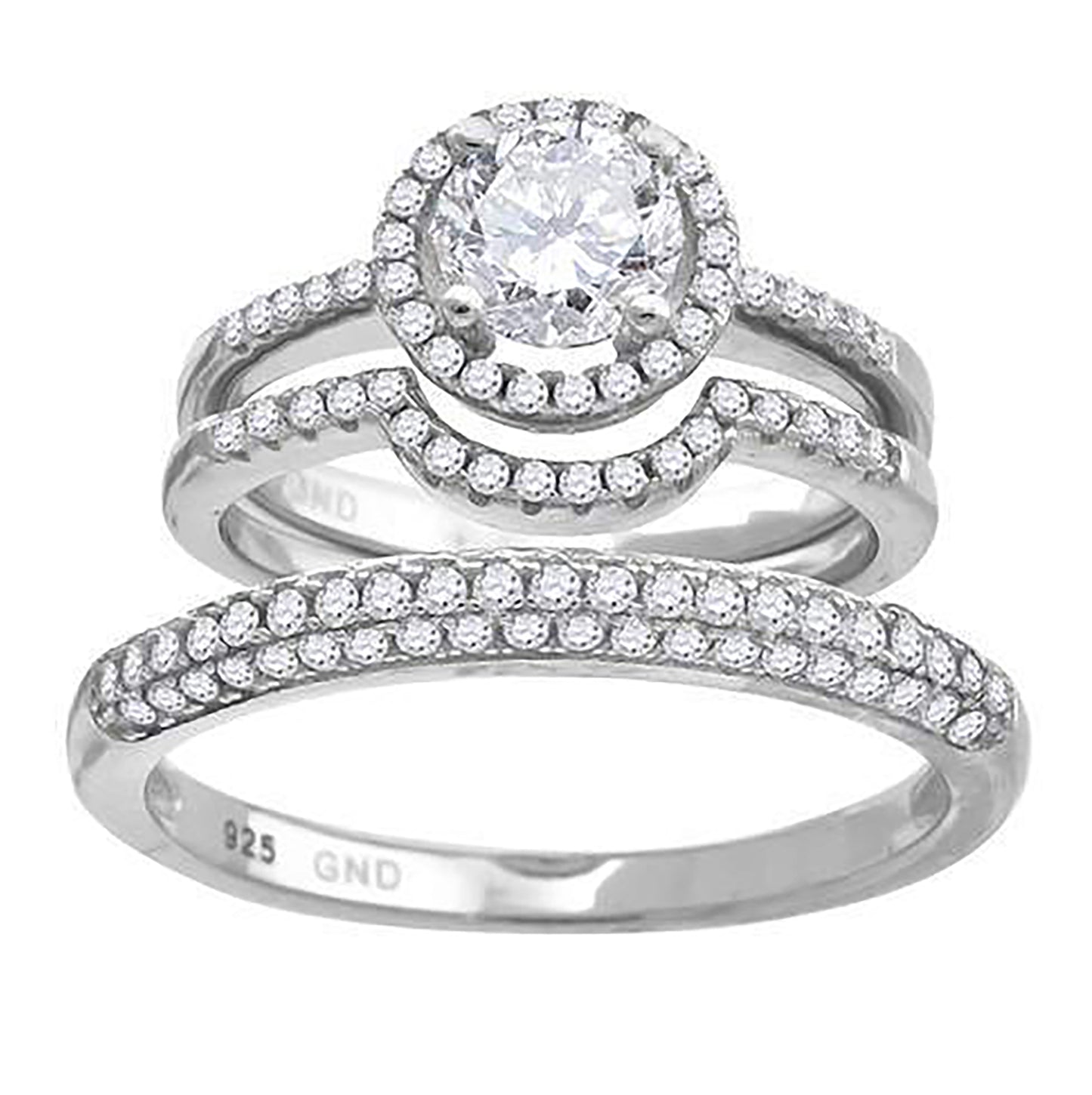Sterling Silver Cubic Zirconia Halo Trio Bridal Anniversary Wedding Engagement Band Ring Set