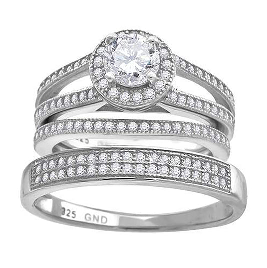 Sterling Silver Cubic Zirconia Halo Trio Bridal Anniversary Wedding Engagement Band Ring Set