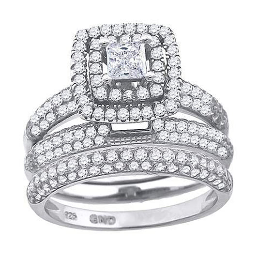 Sterling Silver Cubic Zirconia Trio Bridal Anniversary Wedding Engagement Band Ring Set