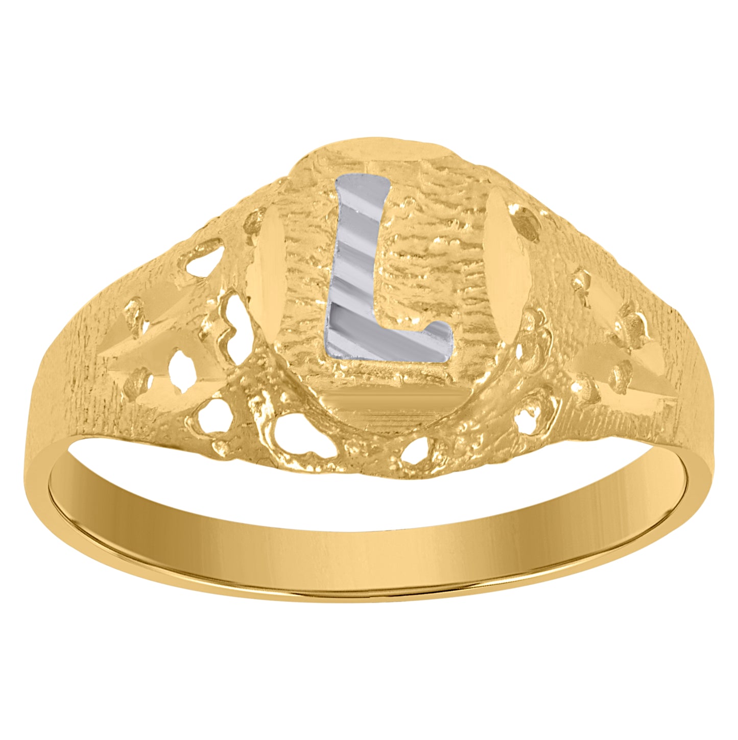 10K Two-Tone Gold Mens Diamond-Cut Textured Oval Initial Letter Band Ring