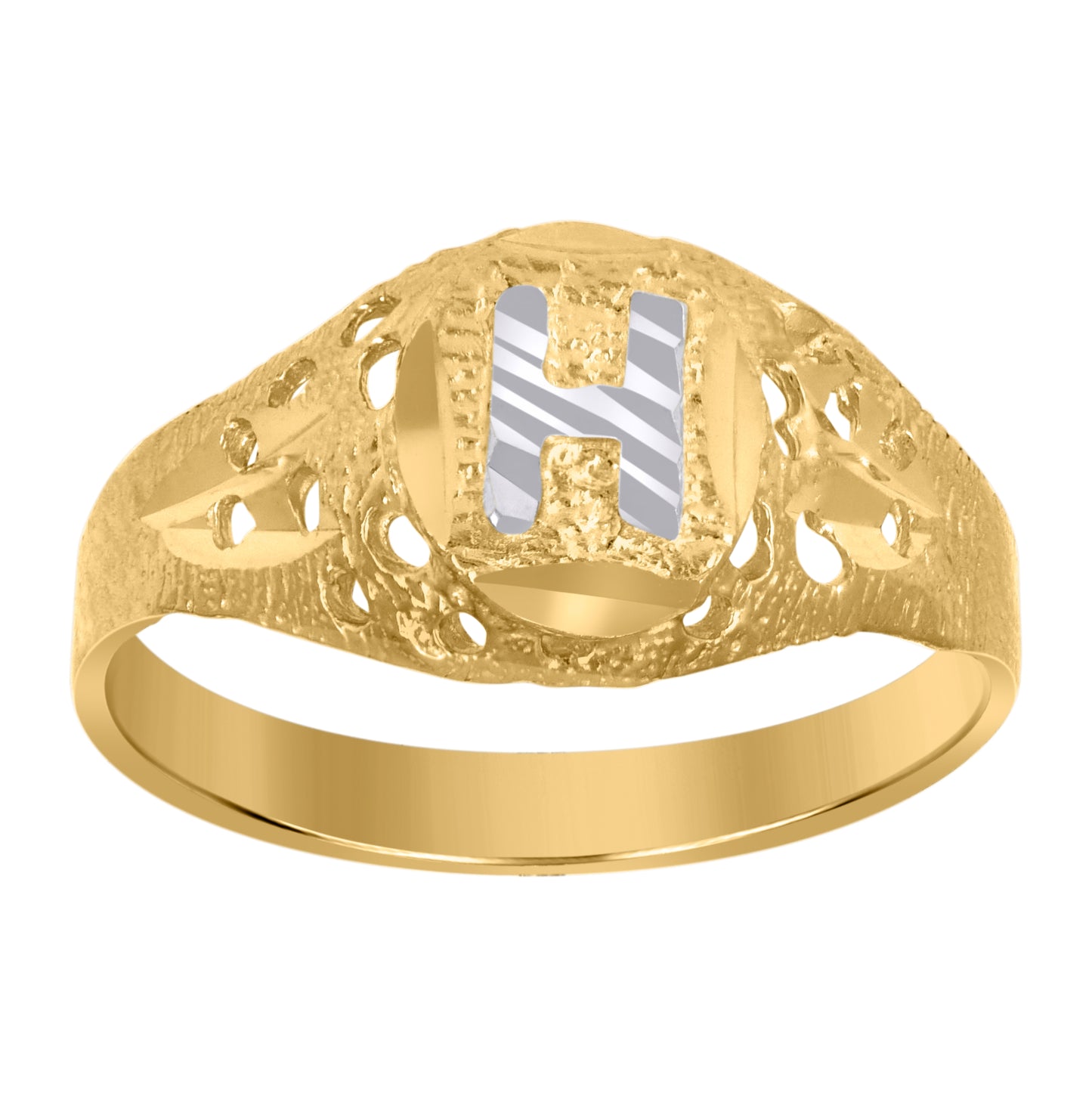 10K Two-Tone Gold Mens Diamond-Cut Textured Oval Initial Letter Band Ring