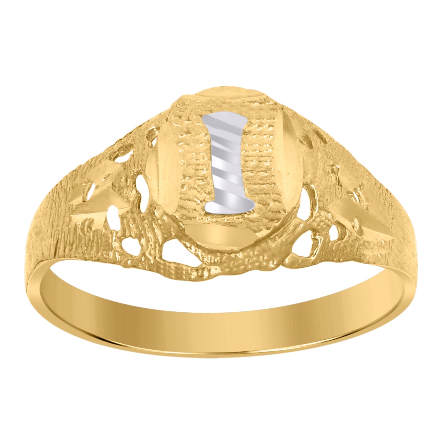 10K Two-Tone Gold Mens Diamond-Cut Textured Oval Initial Letter Band Ring