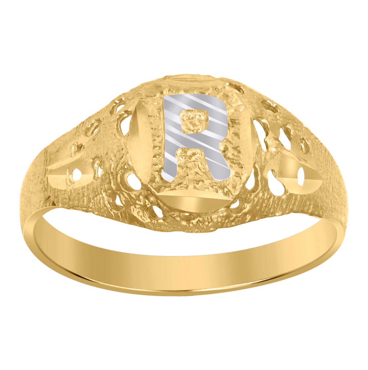 10K Two-Tone Gold Mens Diamond-Cut Textured Oval Initial Letter Band Ring