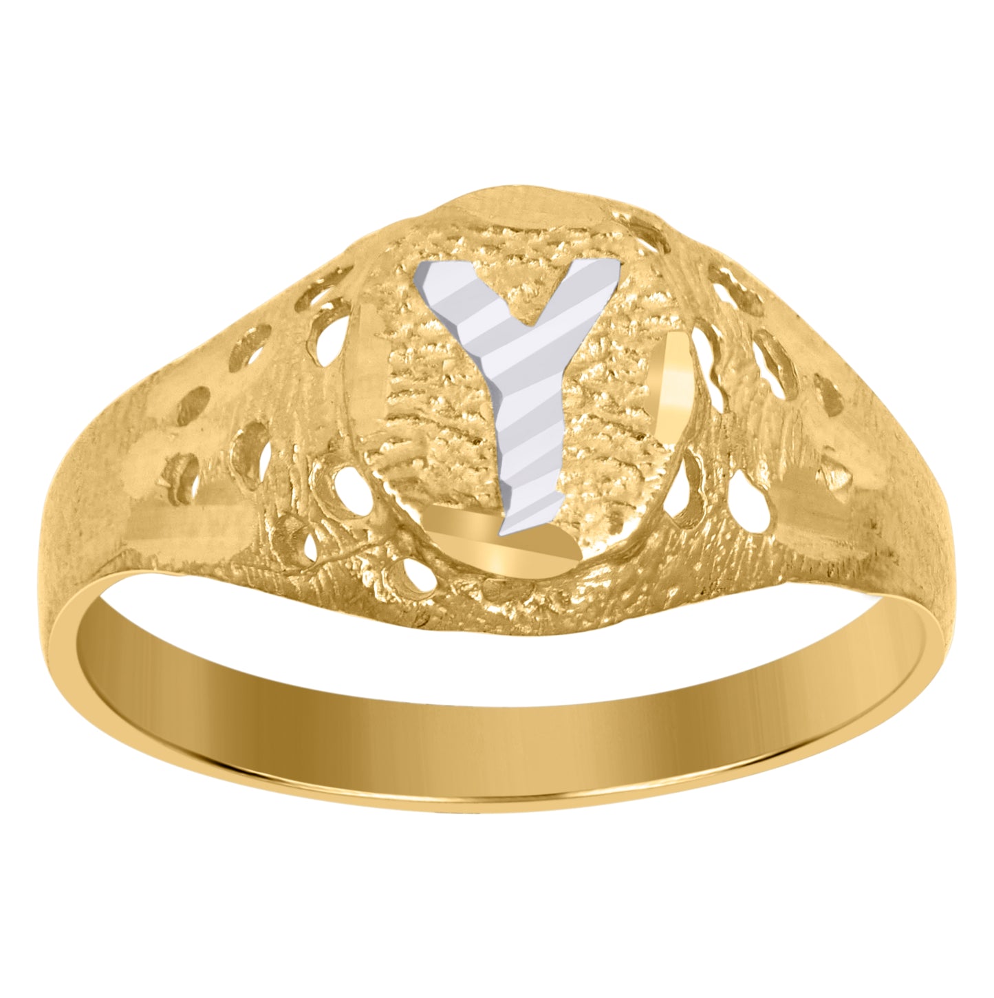 10K Two-Tone Gold Mens Diamond-Cut Textured Oval Initial Letter Band Ring