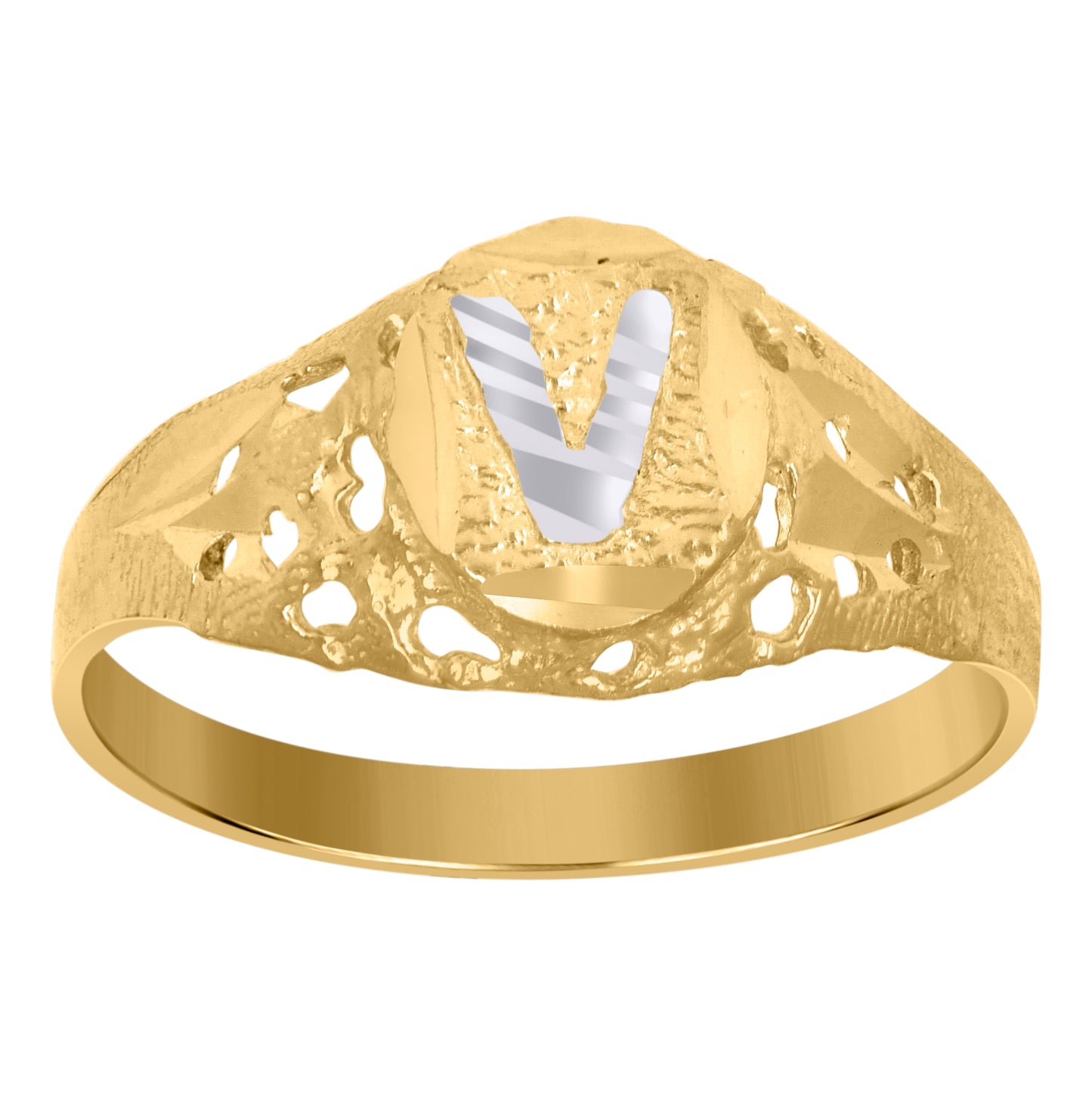 10K Two-Tone Gold Mens Diamond-Cut Textured Oval Initial Letter Band Ring