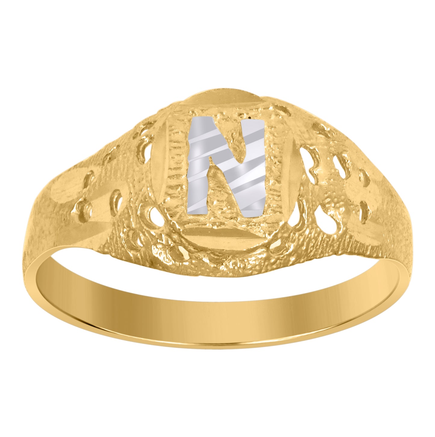 10K Two-Tone Gold Mens Diamond-Cut Textured Oval Initial Letter Band Ring