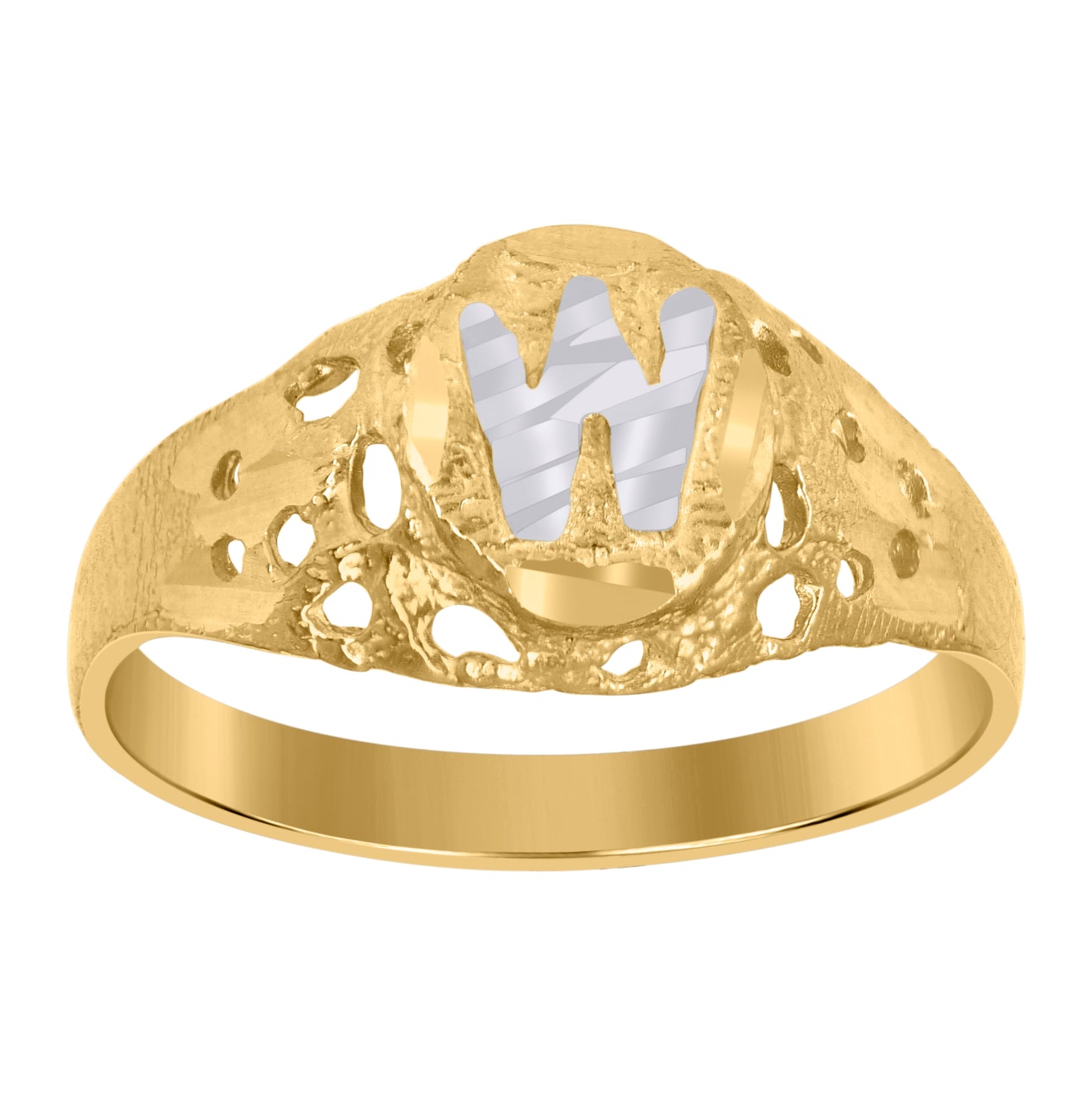 10K Two-Tone Gold Mens Diamond-Cut Textured Oval Initial Letter Band Ring