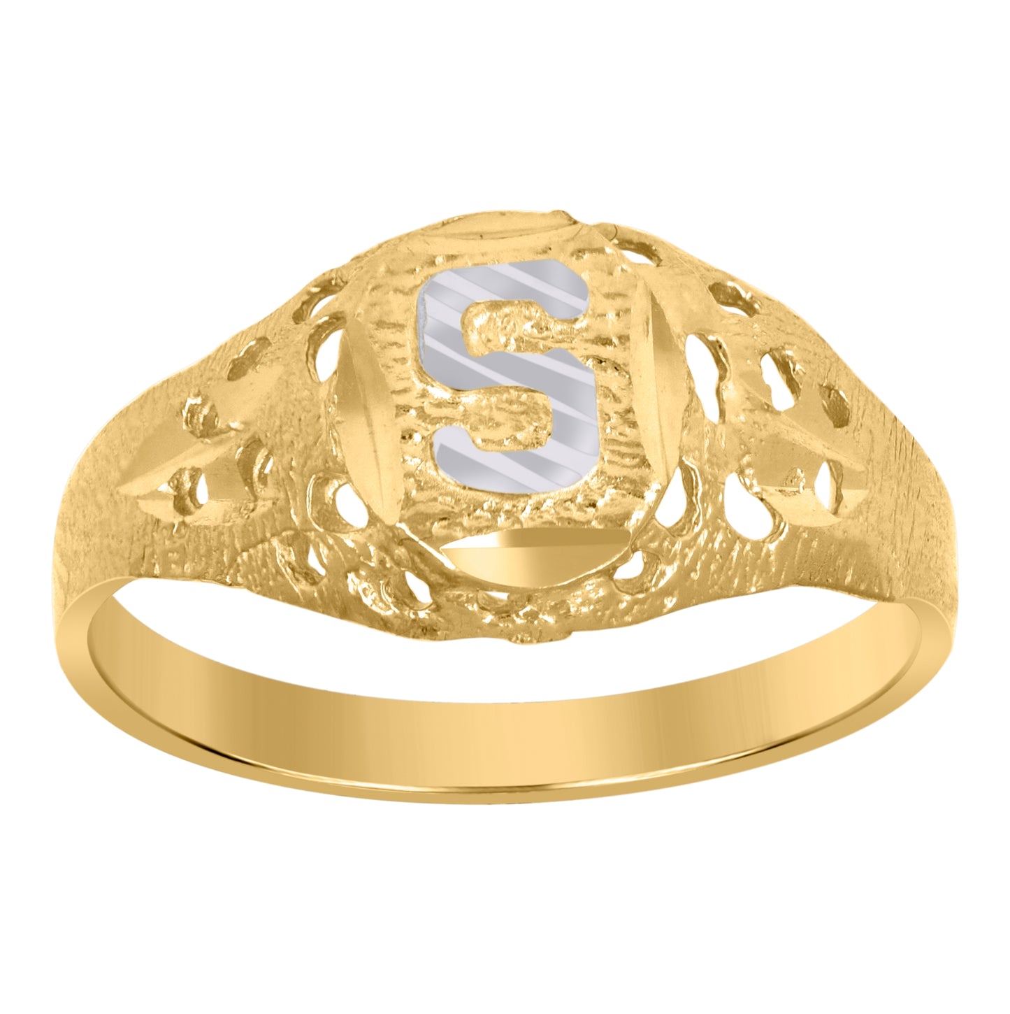 10K Two-Tone Gold Mens Diamond-Cut Textured Oval Initial Letter Band Ring