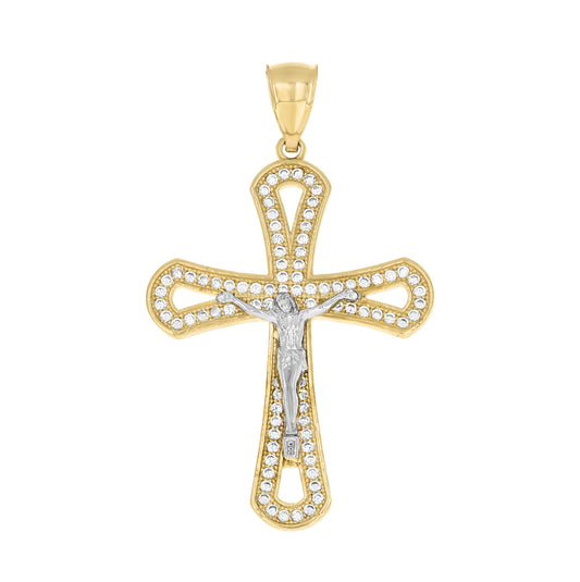 10K Two-tone Gold Mens Cubic-Zirconia Crucifix Cross Religious Charm Pendant