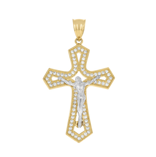 10K Two-tone Gold Mens Cubic-Zirconia Crucifix Cross Religious Charm Pendant