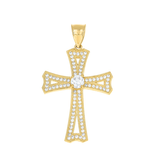 10K Two-tone Gold Mens Cubic-Zirconia Cross Religious Charm Pendant