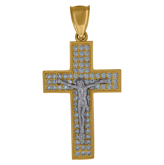 10K Gold Two-Tone Cubic-Zirconia Mens Cross Crucifix Religious Charm Pendant
