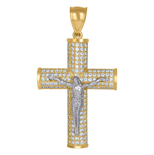 10K Gold Two-Tone Cubic-Zirconia Mens Cross Crucifix Religious Charm Pendant