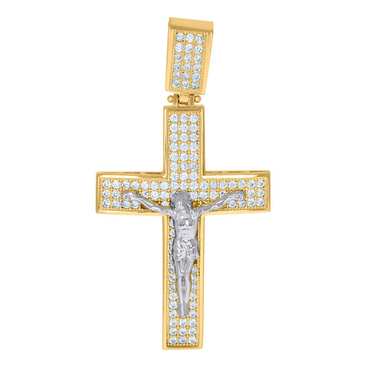 10K Two-Tone Gold Unisex Cubic Zirconia Crucifix Cross Religious Charm Pendant