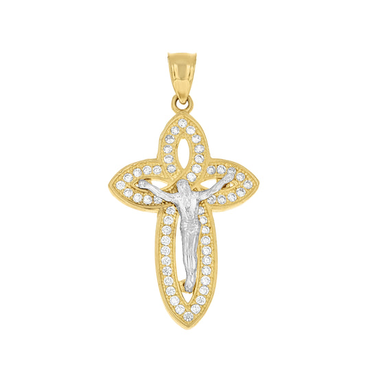 10K Two-tone Gold Mens Cubic-Zirconia Crucifix Cross Religious Charm Pendant