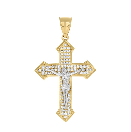 10K Gold Two-Tone Cubic-Zirconia Mens Cross Crucifix Religious Charm Pendant