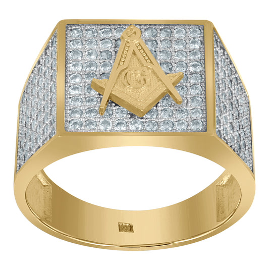 10K Two-Tone Gold Mens Cubic Zirconia Masonic Symbol Religious Square Ring