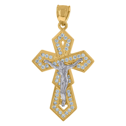 10K Two-tone Gold Mens Cubic-Zirconia Crucifix Cross Religious Charm Pendant