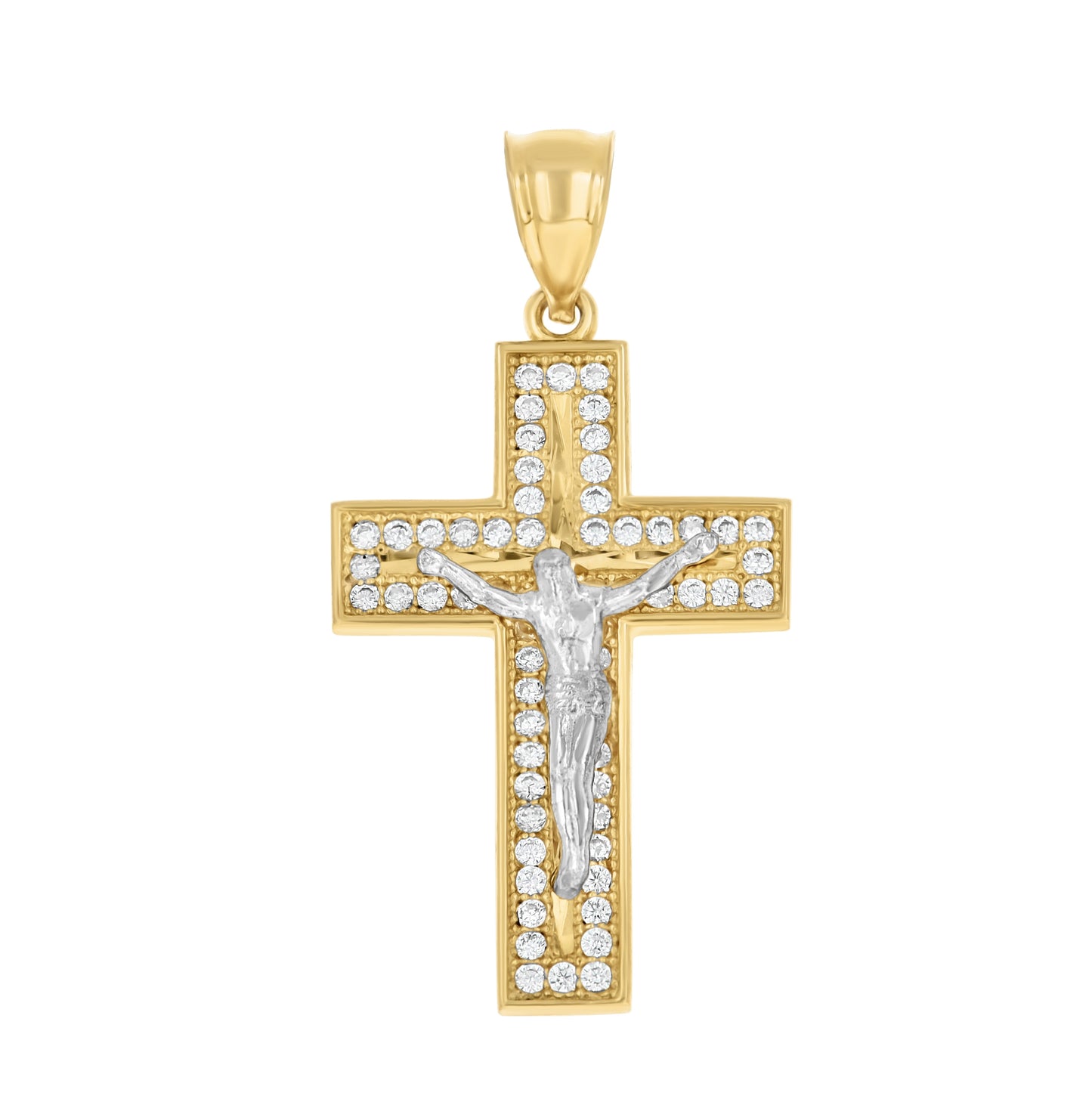 10K Two-tone Gold Mens Cubic-Zirconia Crucifix Cross Religious Charm Pendant