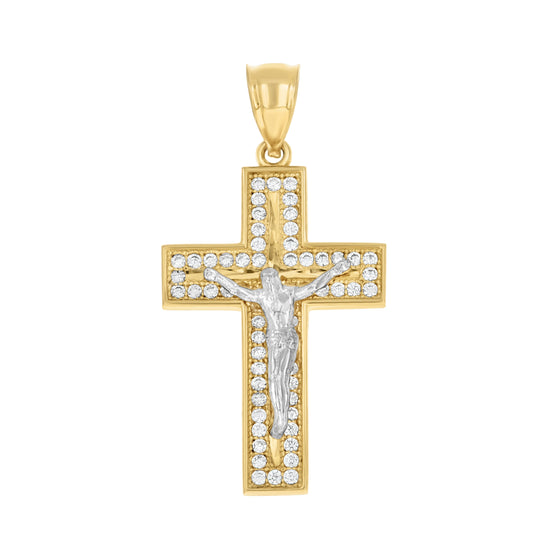 10K Two-tone Gold Mens Cubic-Zirconia Crucifix Cross Religious Charm Pendant