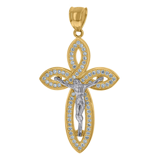 10K Two-tone Gold Mens Cubic-Zirconia Crucifix Cross Religious Charm Pendant