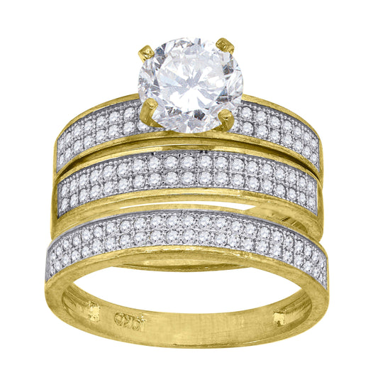 10K Two-Tone Gold Womens Round Cubic Zirconia Double Row Trio Ring Set