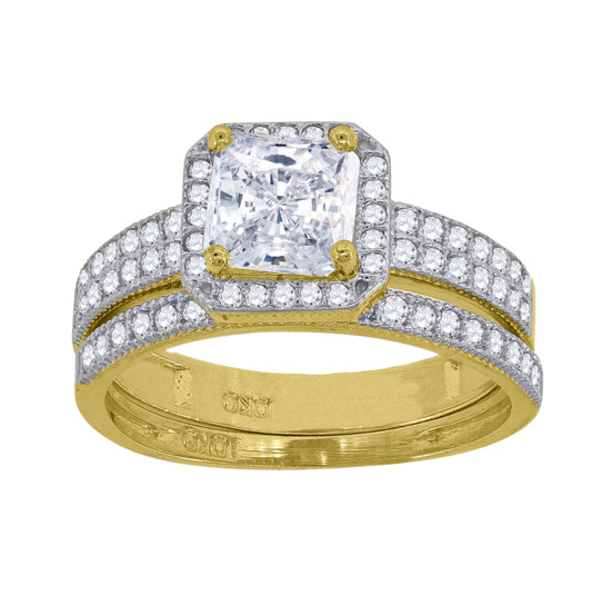 10K Two-Tone Gold Womens Princess-Cut Cubic Zirconia Halo Bridal Ring Set