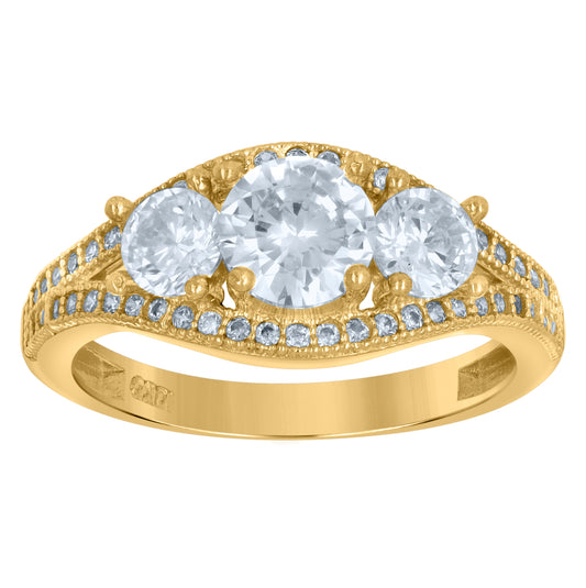 10K Two-Tone Gold Womens Cubic Zirconia Three Stone Engagement Ring