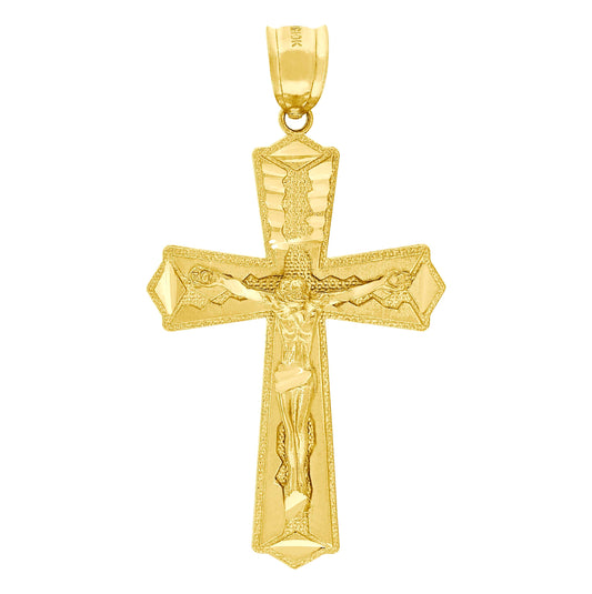 10K Yellow Gold Diamond-Cut Mens Cross Crucifix Religious Charm Pendant
