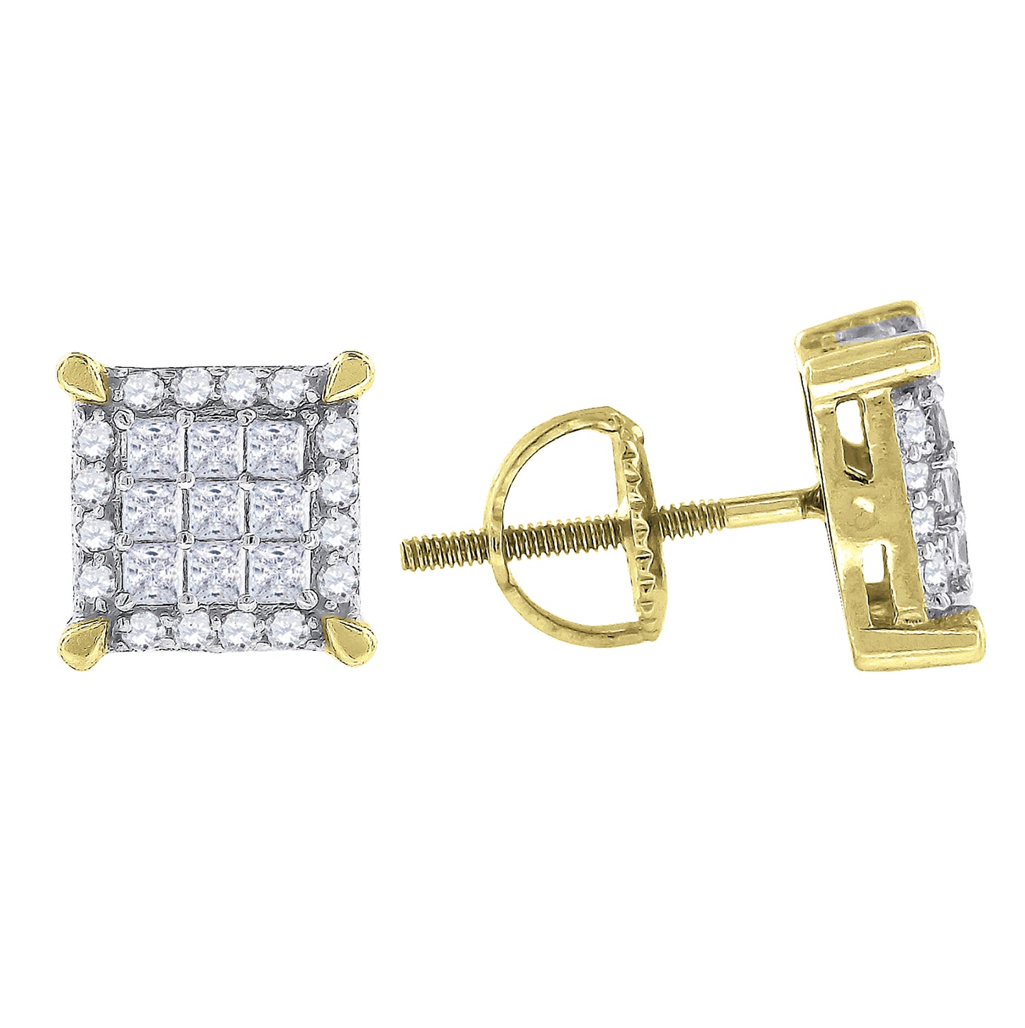 Sterling Silver Or Yellow-Tone Mens Princess Cubic Zirconia Square Stud Earrings