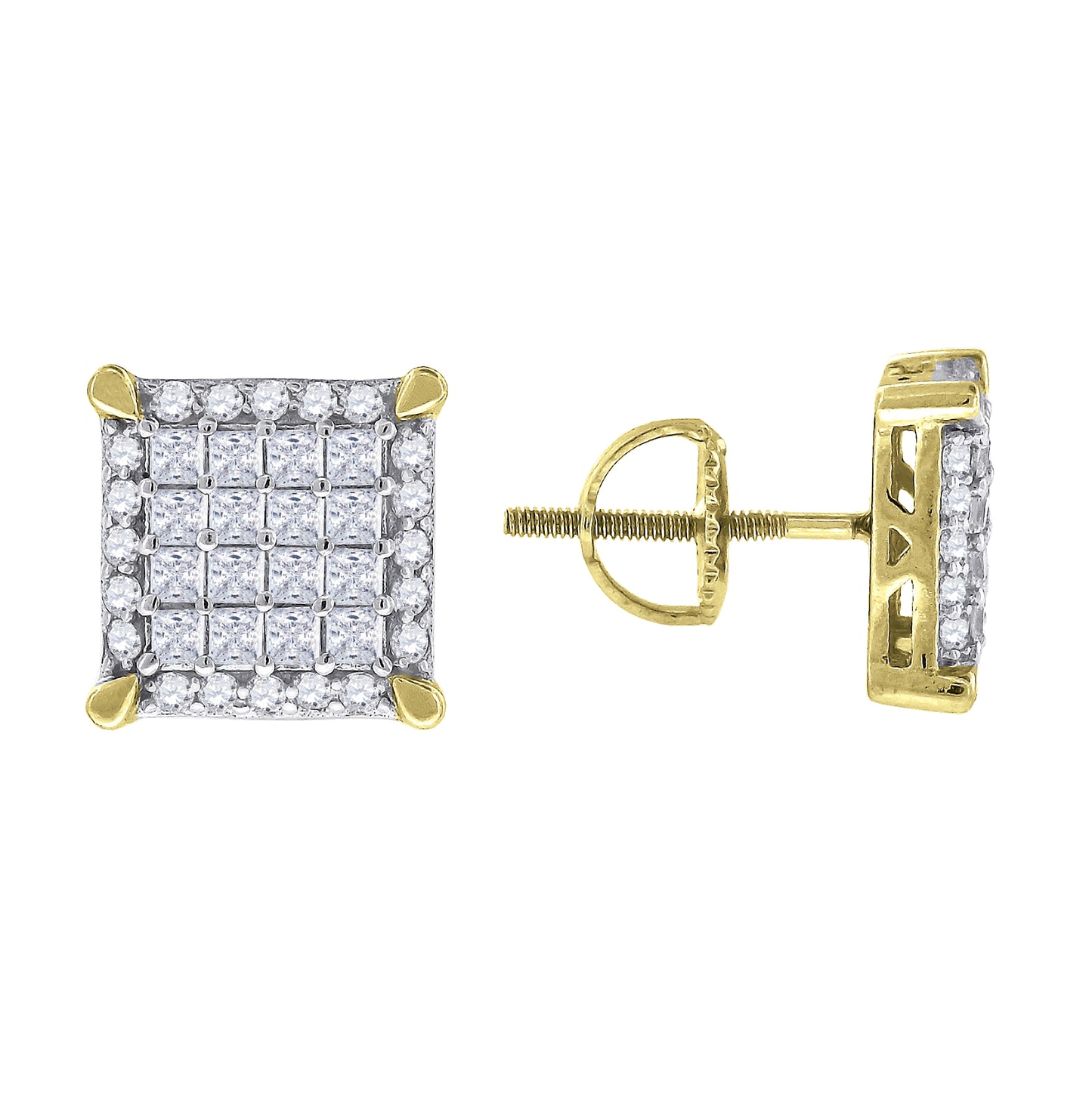 Sterling Silver Or Yellow-Tone Mens Princess Cubic Zirconia Square Stud Earrings