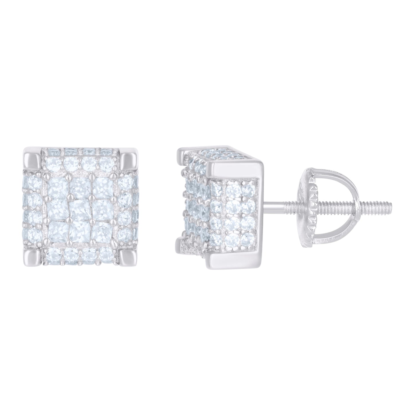 Sterling Silver Or Yellow-Tone Mens Princess Cubic Zirconia Square Stud Earrings