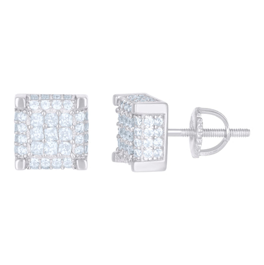 Sterling Silver Or Yellow-Tone Mens Princess Cubic Zirconia Square Stud Earrings