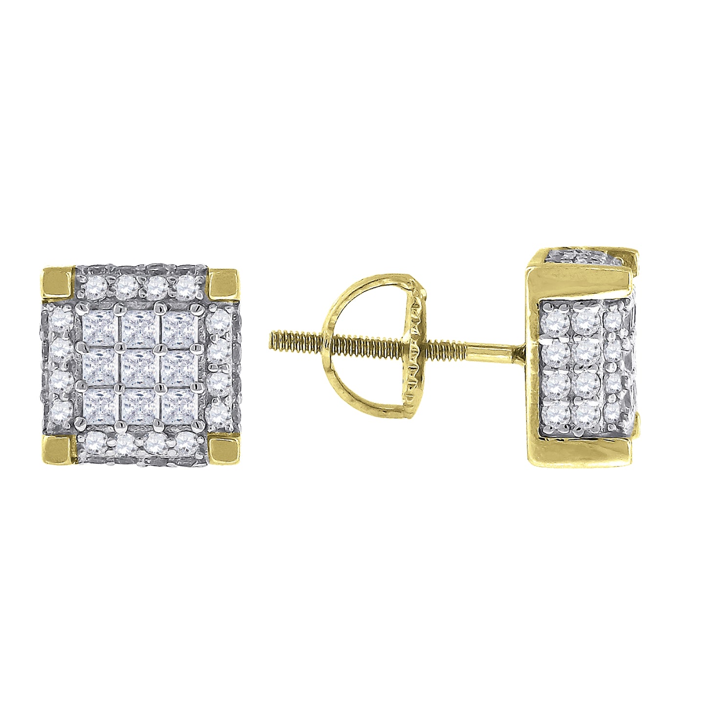 Sterling Silver Or Yellow-Tone Mens Princess Cubic Zirconia Square Stud Earrings