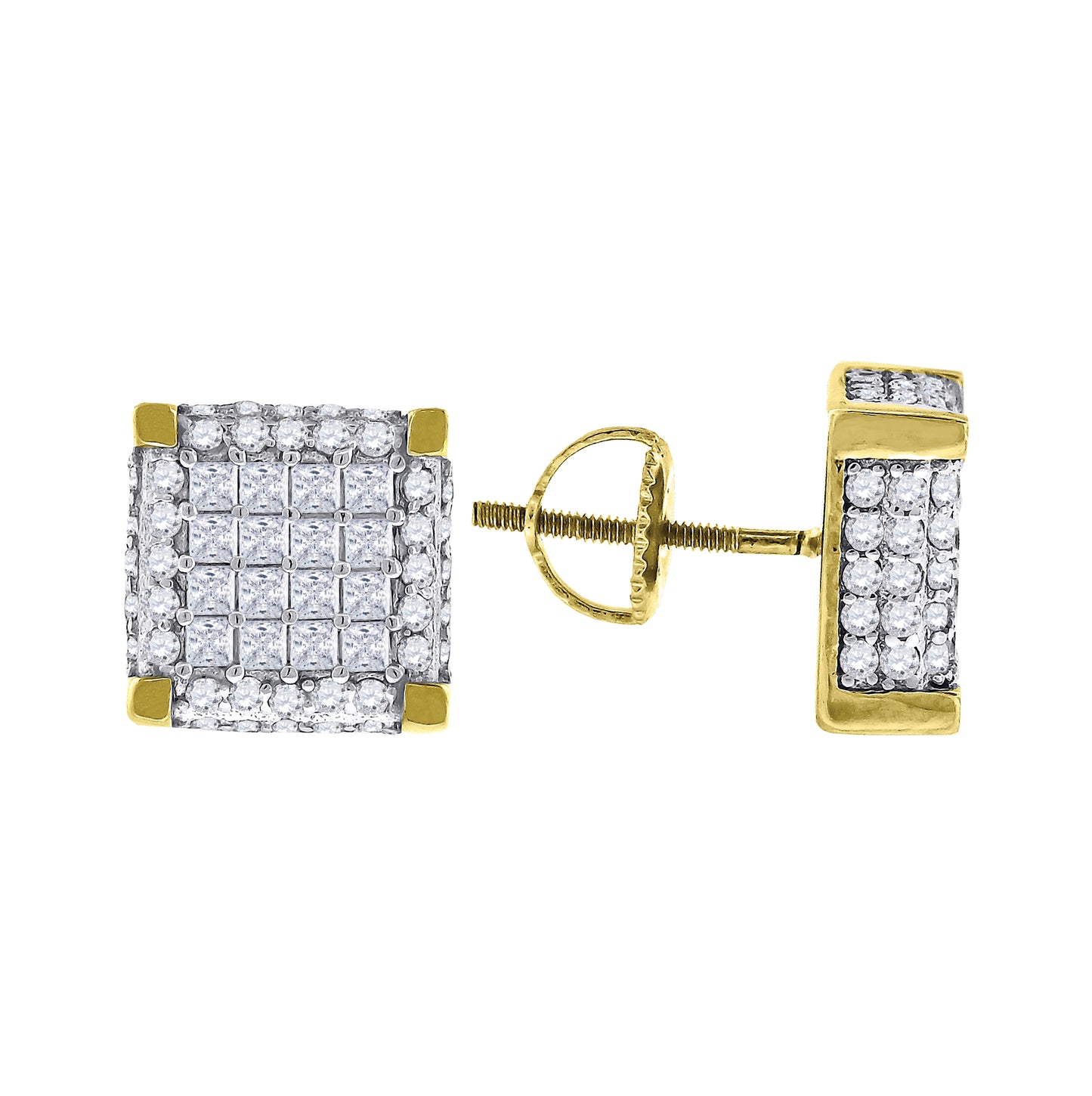 Sterling Silver Or Yellow-Tone Mens Princess Cubic Zirconia Square Stud Earrings
