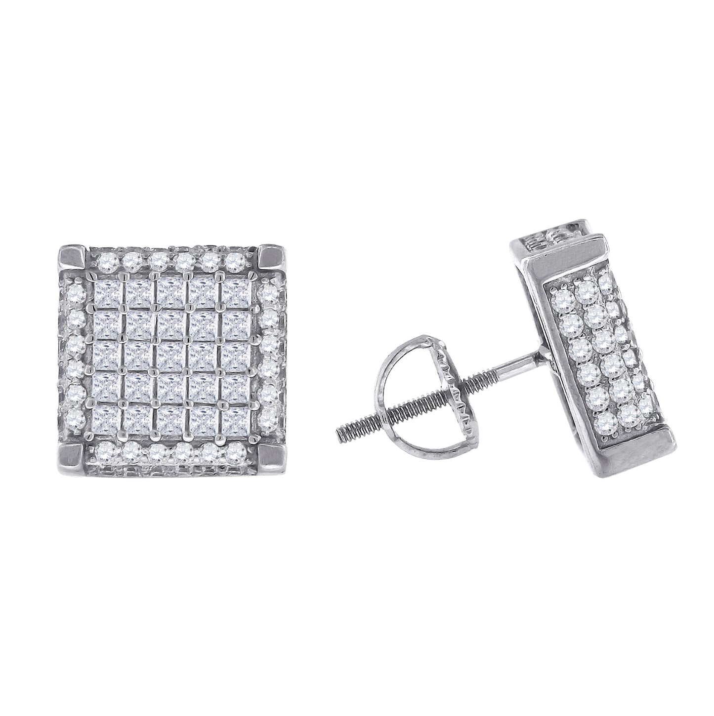 Sterling Silver Or Yellow-Tone Mens Princess Cubic Zirconia Square Stud Earrings