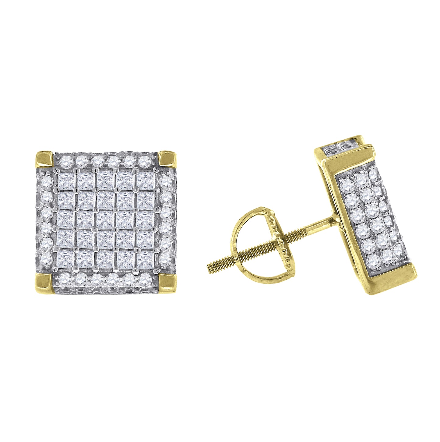 Sterling Silver Or Yellow-Tone Mens Princess Cubic Zirconia Square Stud Earrings
