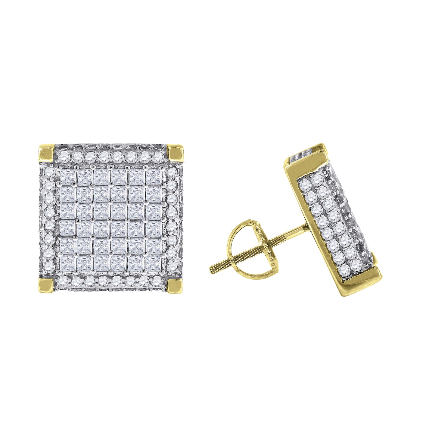 Sterling Silver Or Yellow-Tone Mens Princess Cubic Zirconia Square Stud Earrings