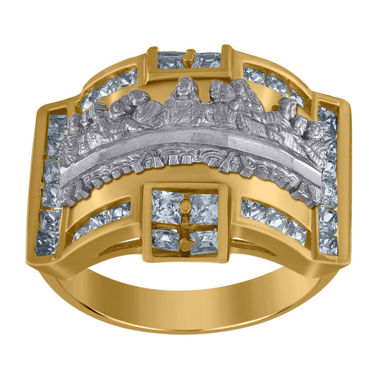10K Two-Tone Gold Mens Princess-Cut Cubic Zirconia Diamond-Cut Last Supper Religious Ring