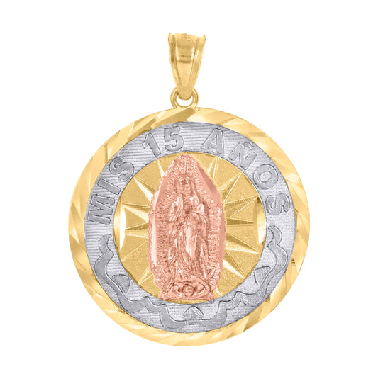 10K Gold Tri-Color Diamond-Cut Womens Mary Mis 15 Anos Quinceanera Charm Pendant