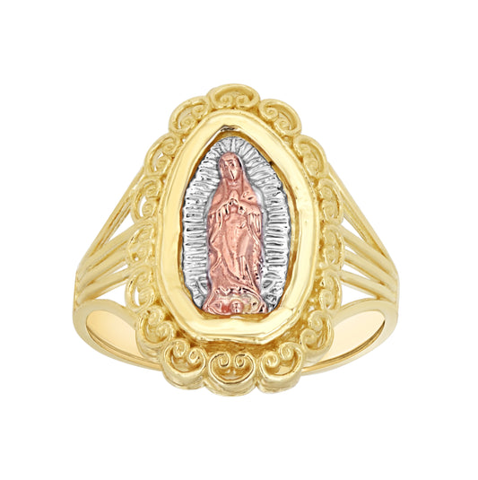 10K Tri-Color Gold Womens Textured Lady Of Guadalupe Religious Ring