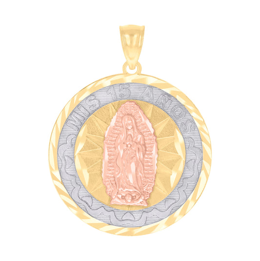 10K Gold Tri-Color Diamond-Cut Womens Mary Mis 15 Anos Quinceanera Charm Pendant