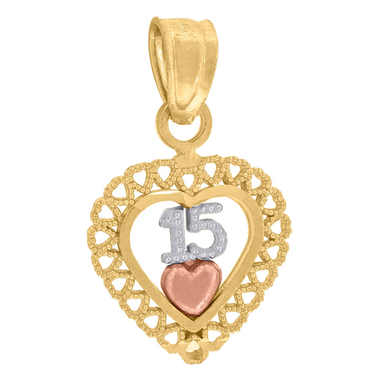 10K Gold Tri-Color Diamond-Cut Womens 15 Anos Heart Quinceanera Charm Pendant
