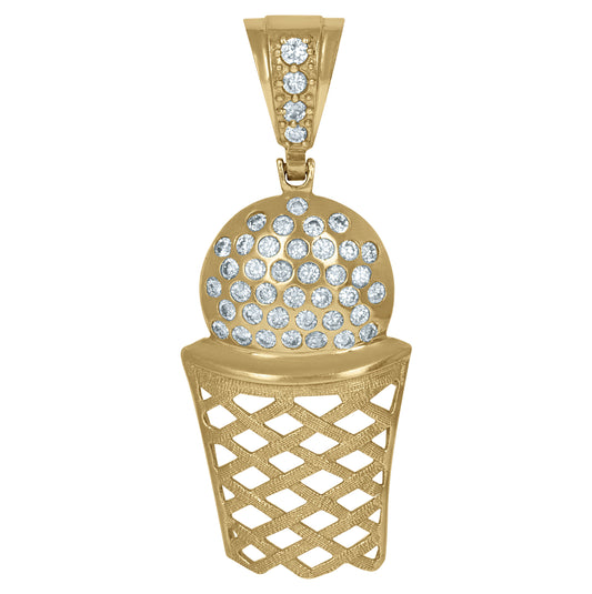 10K Yellow Gold Cubic-Zirconia Mens Basket Ball Sports Charm Pendant