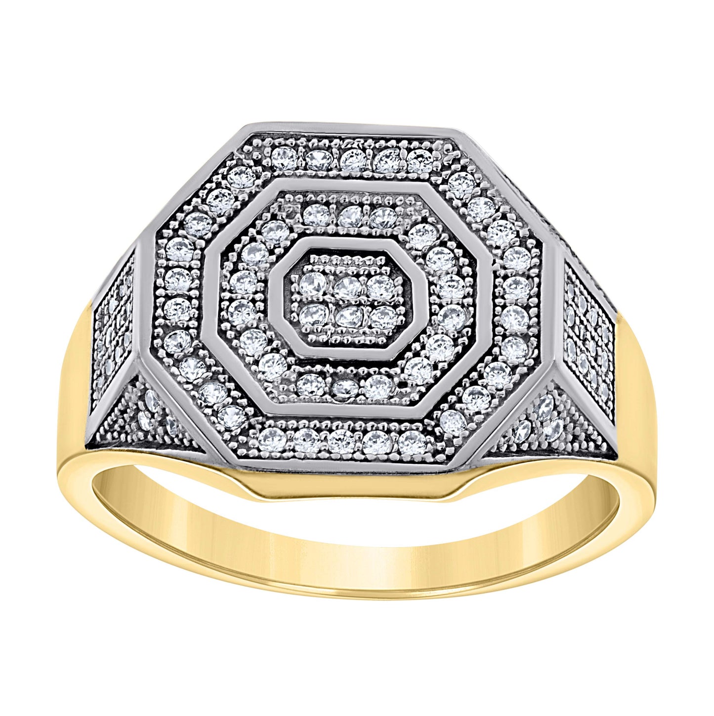 10K Two-Tone Gold Mens Cubic-Zirconia Octagon Head Fashion Ring